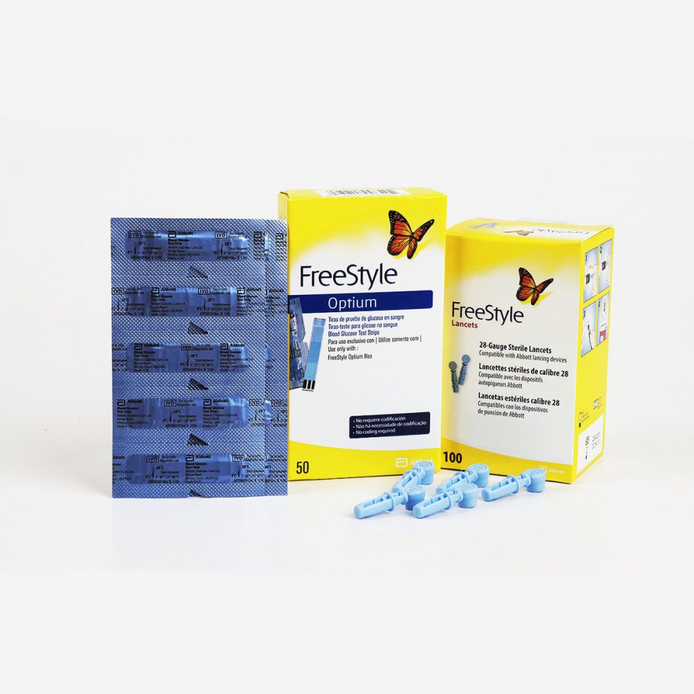 Pack Tiras reactivas Freestyle Optium Neo Caja x 50 + Lancetas Freestyle Caja x 100