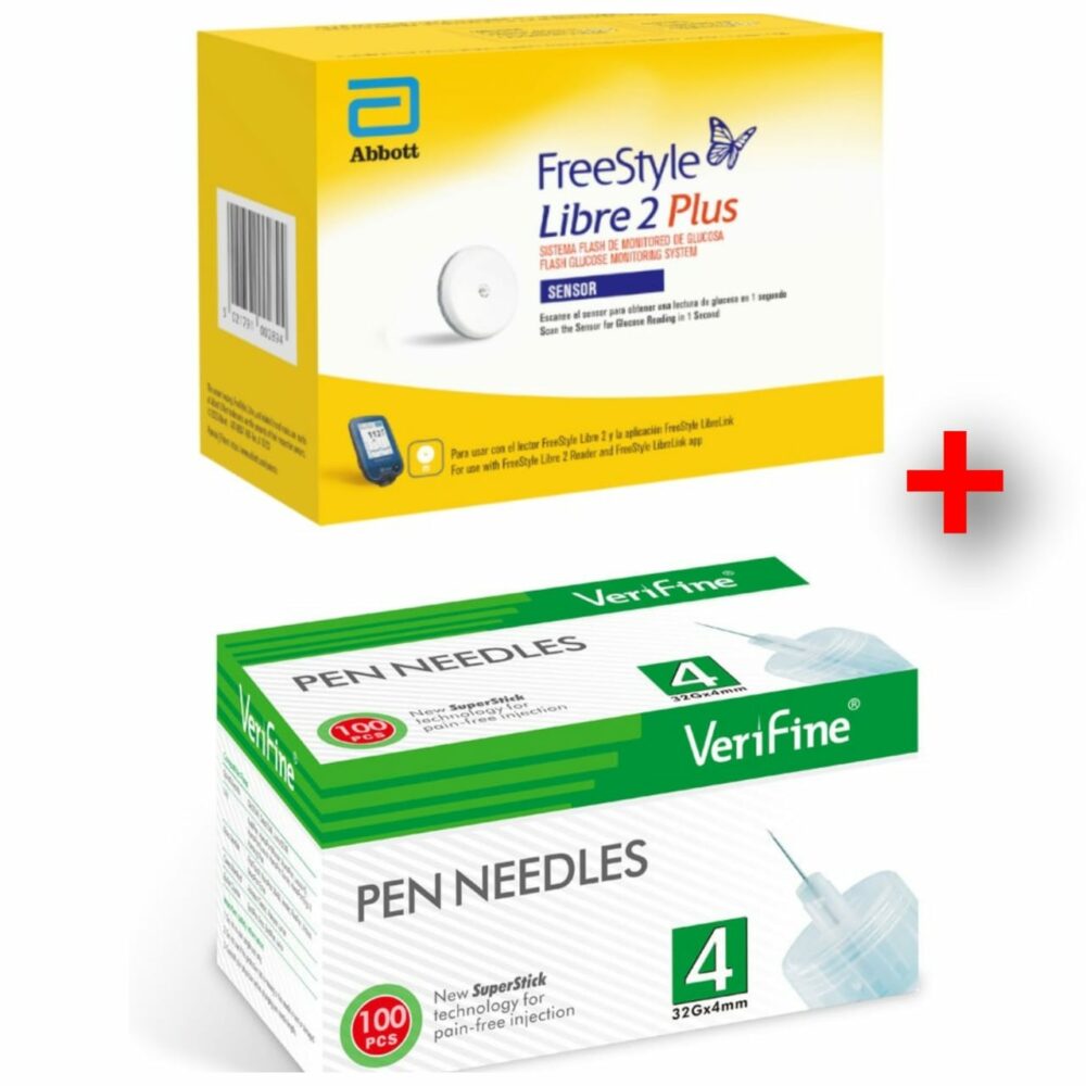 Sensor FreeStyle Libre 2 Plus + Aguja para insulina Verifine 32G (4 mm) Caja x 100 unds