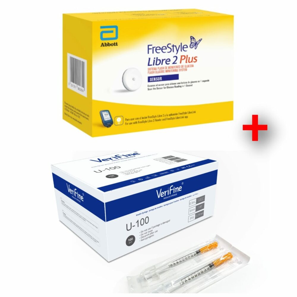 Sensor FreeStyle Libre 2 Plus + Jeringa para insulina Verifine 31G(0.5 mL x 6 mm) Caja x 100 unds