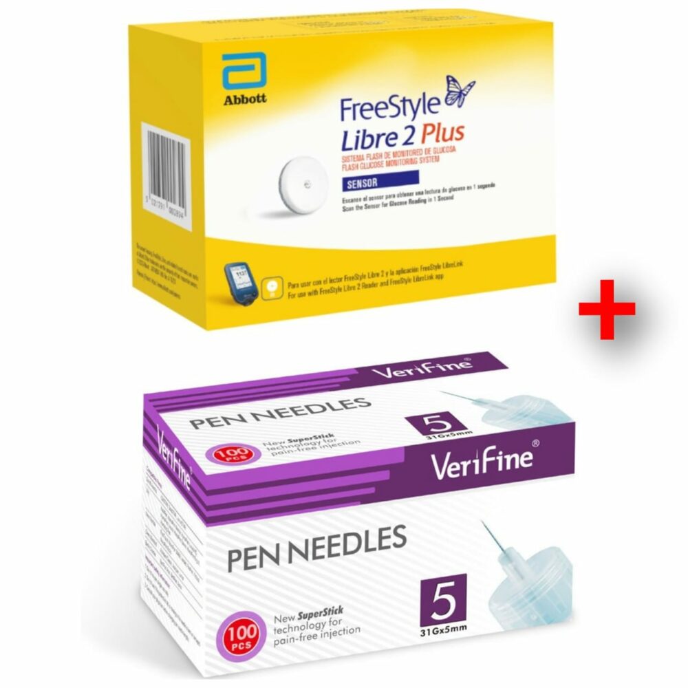 Sensor FreeStyle Libre 2 Plus + Aguja para insulina Verifine 31G (5mm) caja x 100